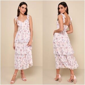 LULU’S Flirtatious Radiance Blush Pink Floral Mesh Bustier Midi Dress